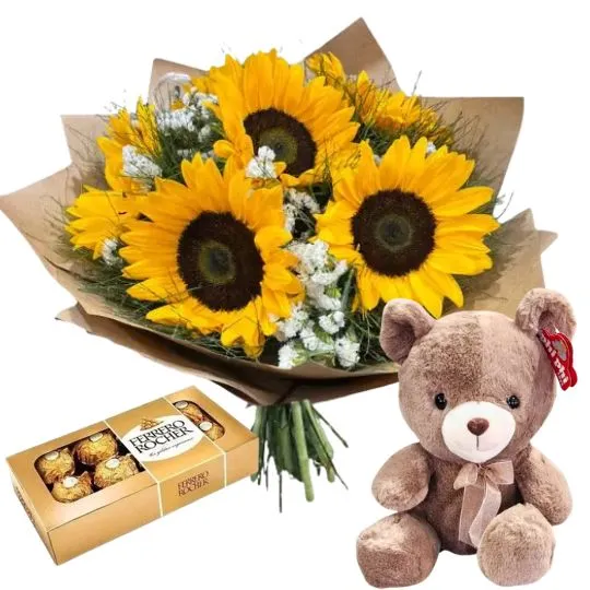 Ramo de girasoles rocher x8 y peluche